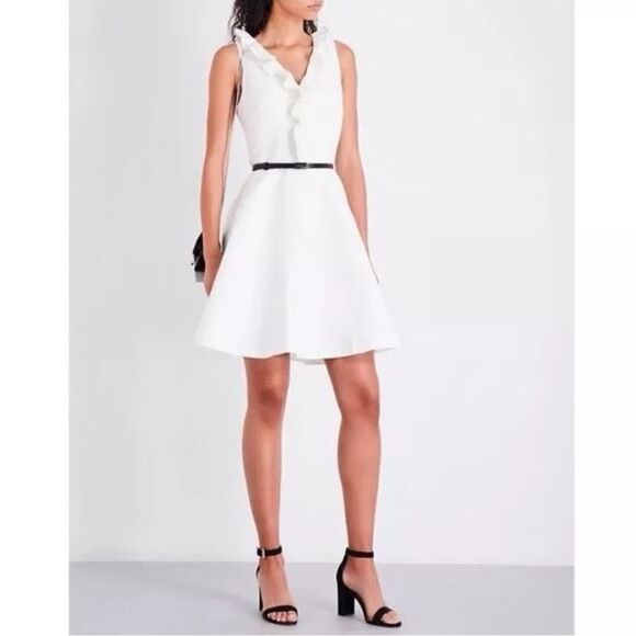 NWT Ted Baker London Ivory Qwinn ruffled Twill V-Neck Front Skater Dresss - Picture 10 of 15